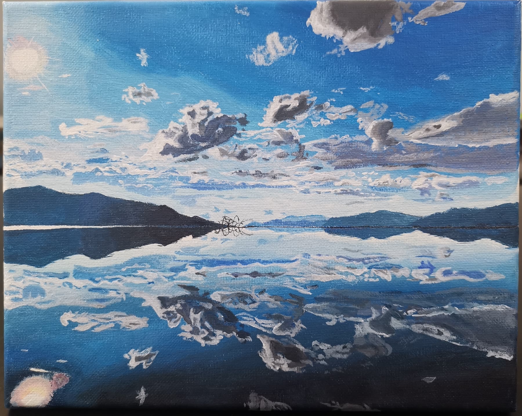 Painting of a wide lake reflecting scattered clouds with the sun low on the left