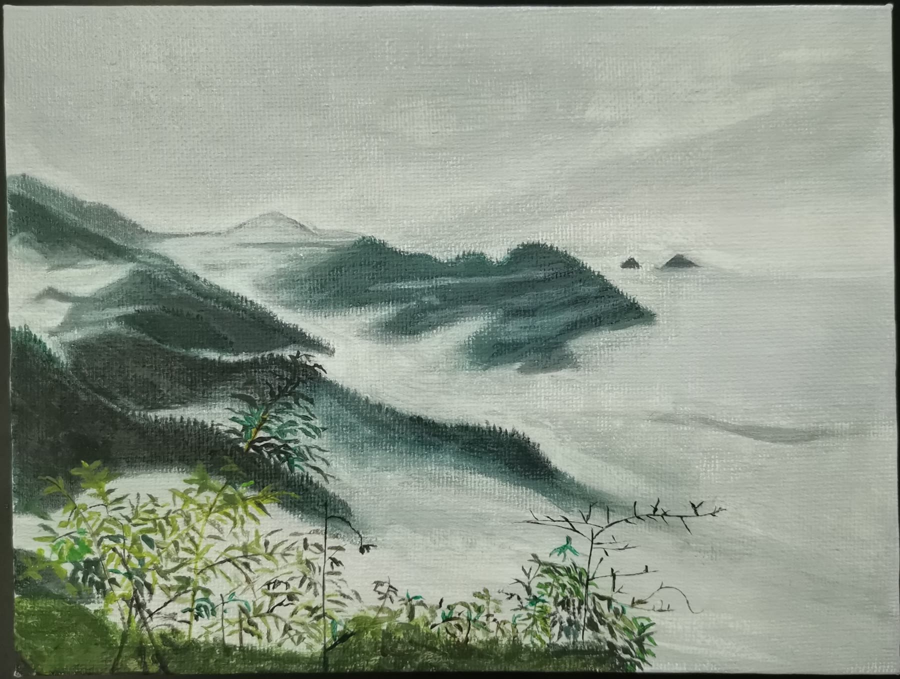 Painting of misty mountain layers receding into fog with plants in the foreground