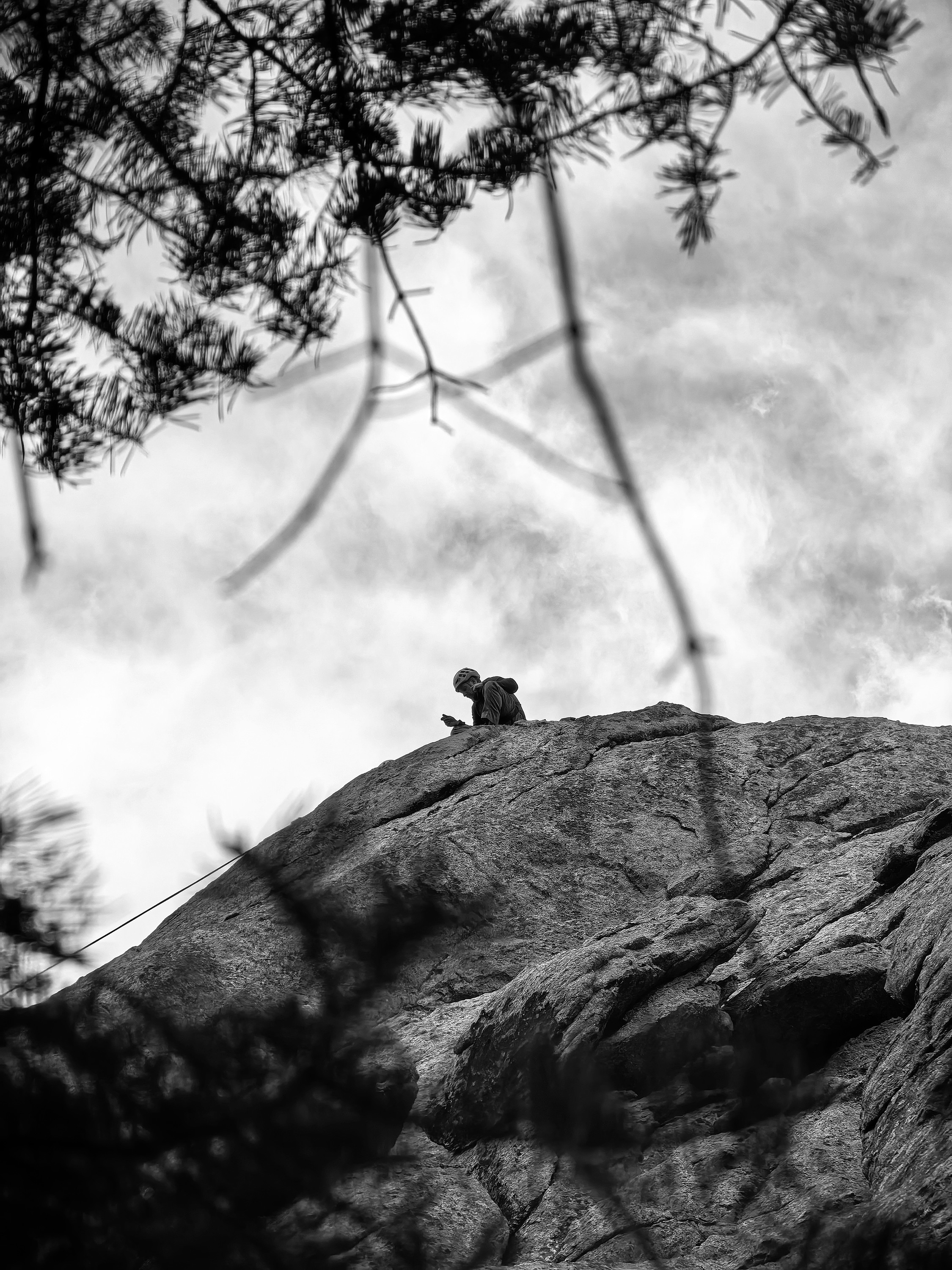 Black and white view of a climber atop a rock face framed by tree branches